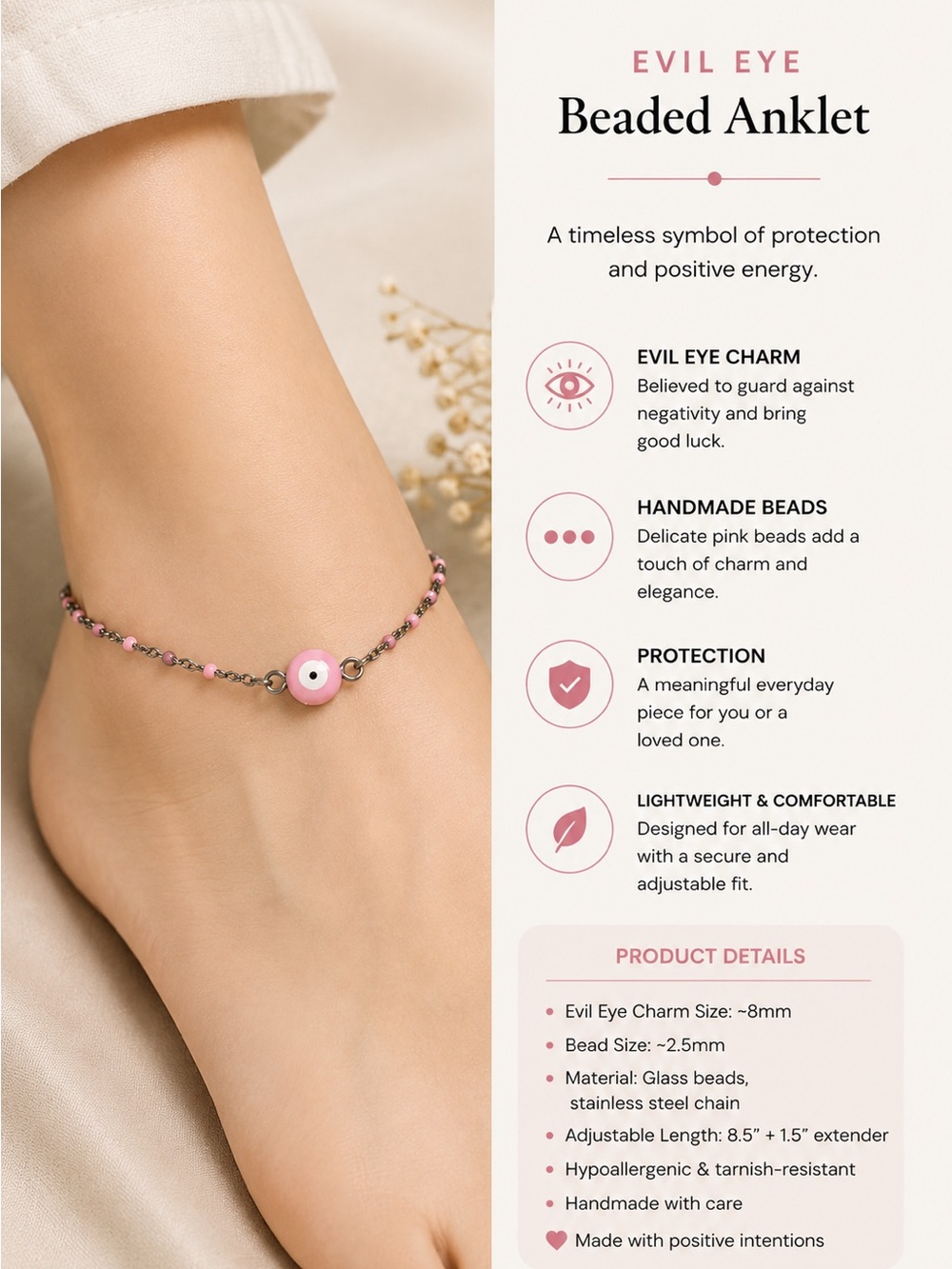 Pink Evil Eye Beaded Anklet